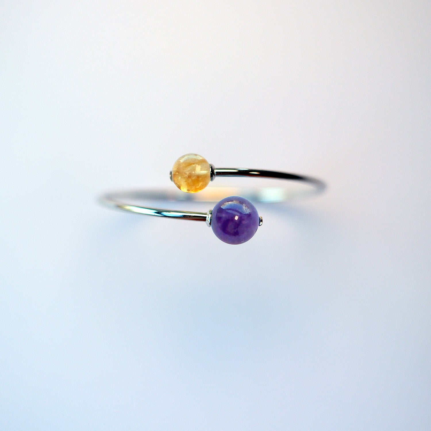 Amethyst and Citrine sterling silver bracelet – handmade UK crystal jewellery for intuition and prosperity.