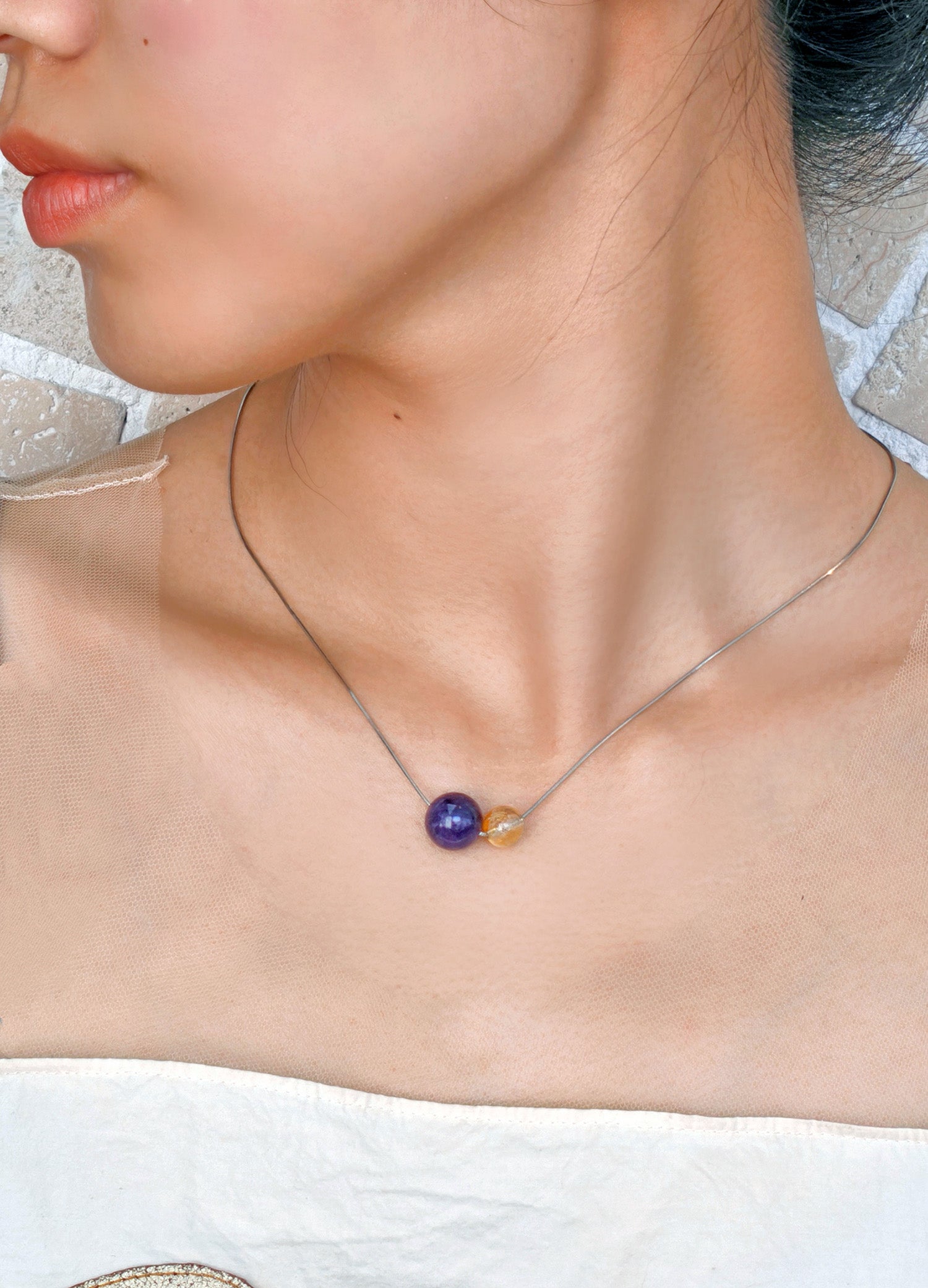 Double Star crystal necklace with purple and golden gemstones – perfect for meditation, work success, and London lifestyle.