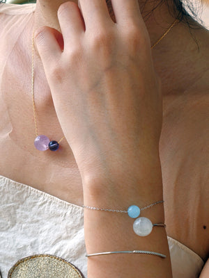 Double Star Collection amethyst necklace – a unique gift for relaxation, balance, and London wellbeing seekers. moonstone comet bracelet, aquamarine bracelet silver