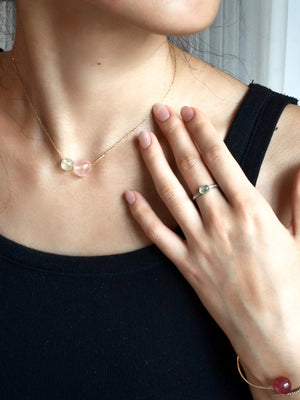 Sterling silver necklace with rose quartz and prehnite beads – nurturing jewellery for relationships and renewal.