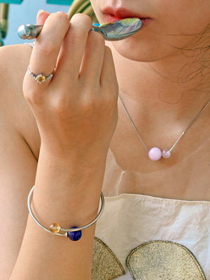 Sterling silver necklace with rose quartz and lepidolite – gentle energy jewellery for daily calm and emotional support. citrine ring for wealth and happiness.