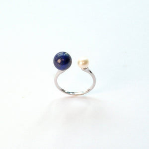 Pearl and Lapis Lazuli sterling silver ring – UK artisan ring for wisdom and guidance.