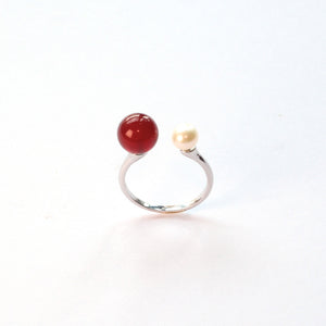 Pearl and Carnelian (Red Agate) sterling silver ring – UK artisan jewellery for vitality and courage.