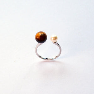 Pearl and Tiger’s Eye sterling silver ring – handmade UK ring for confidence and strength.