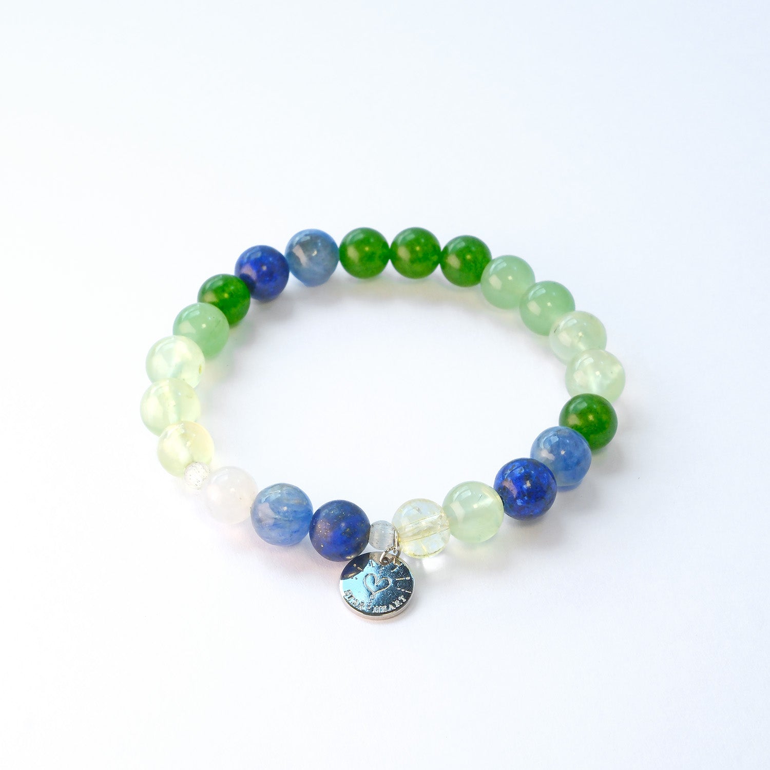 Close-up of jade and chrysoprase bracelet for harmony and friendship