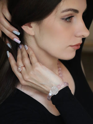 Natural rose quartz gemstone ring in copper band, romantic crystal jewellery gift for her