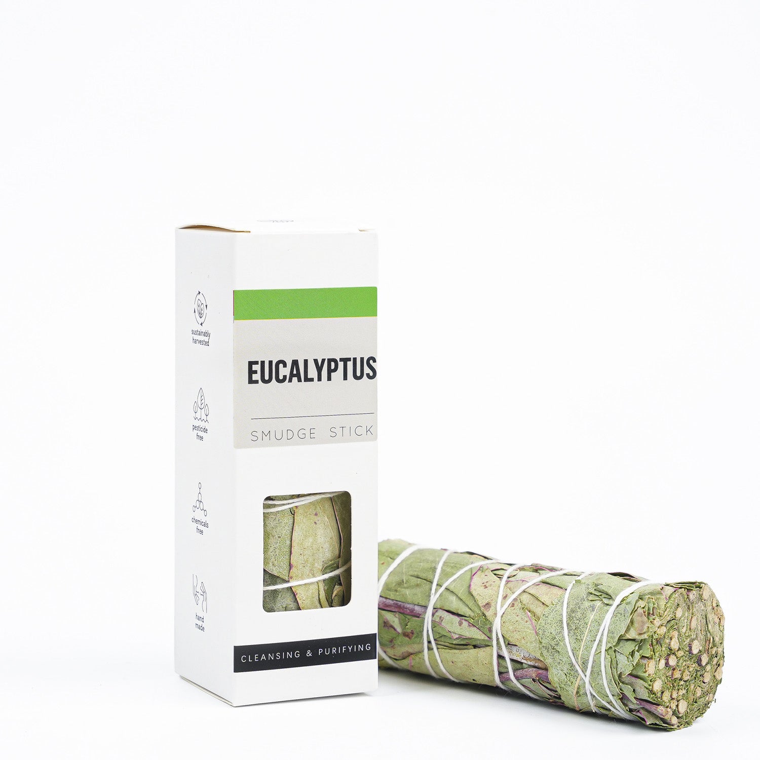 Eucalyptus smudge stick with packaging on a white background