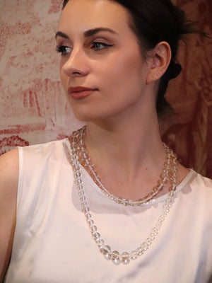 Graduated clear quartz rope necklace – luminous 115cm crystal beads for versatile styling UK