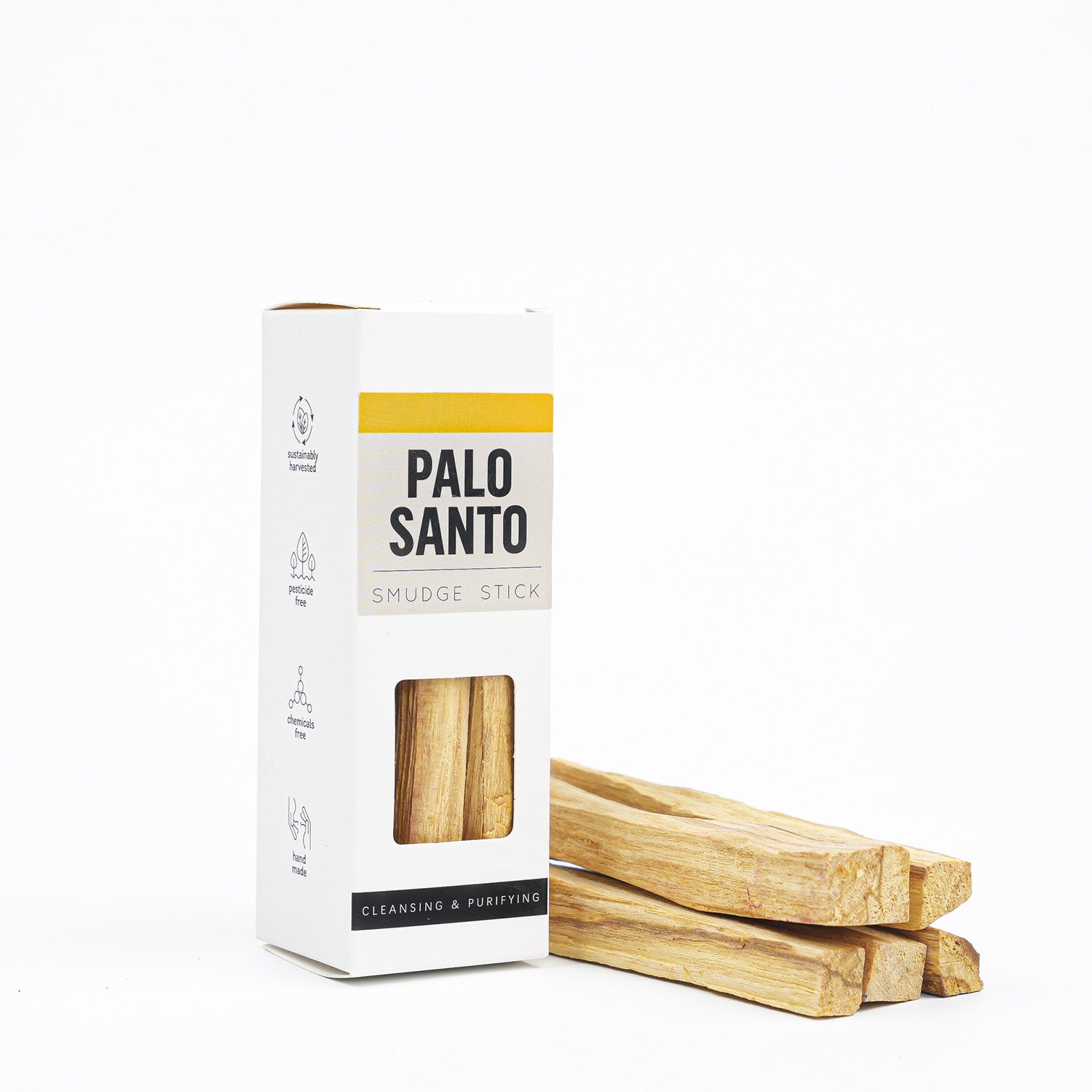 Palo Santo smudge sticks with packaging on a white background