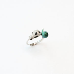 Olive Panda Ring – Malachite gemstone panda ring with silver, artisan jewellery UK
