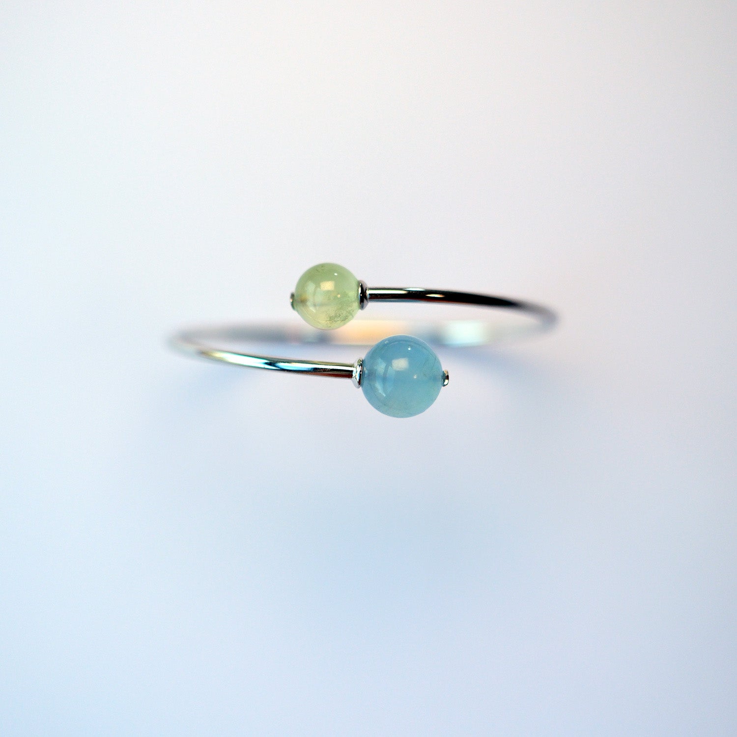 Aquamarine and Prehnite sterling silver bracelet – handmade UK calming crystal jewellery.