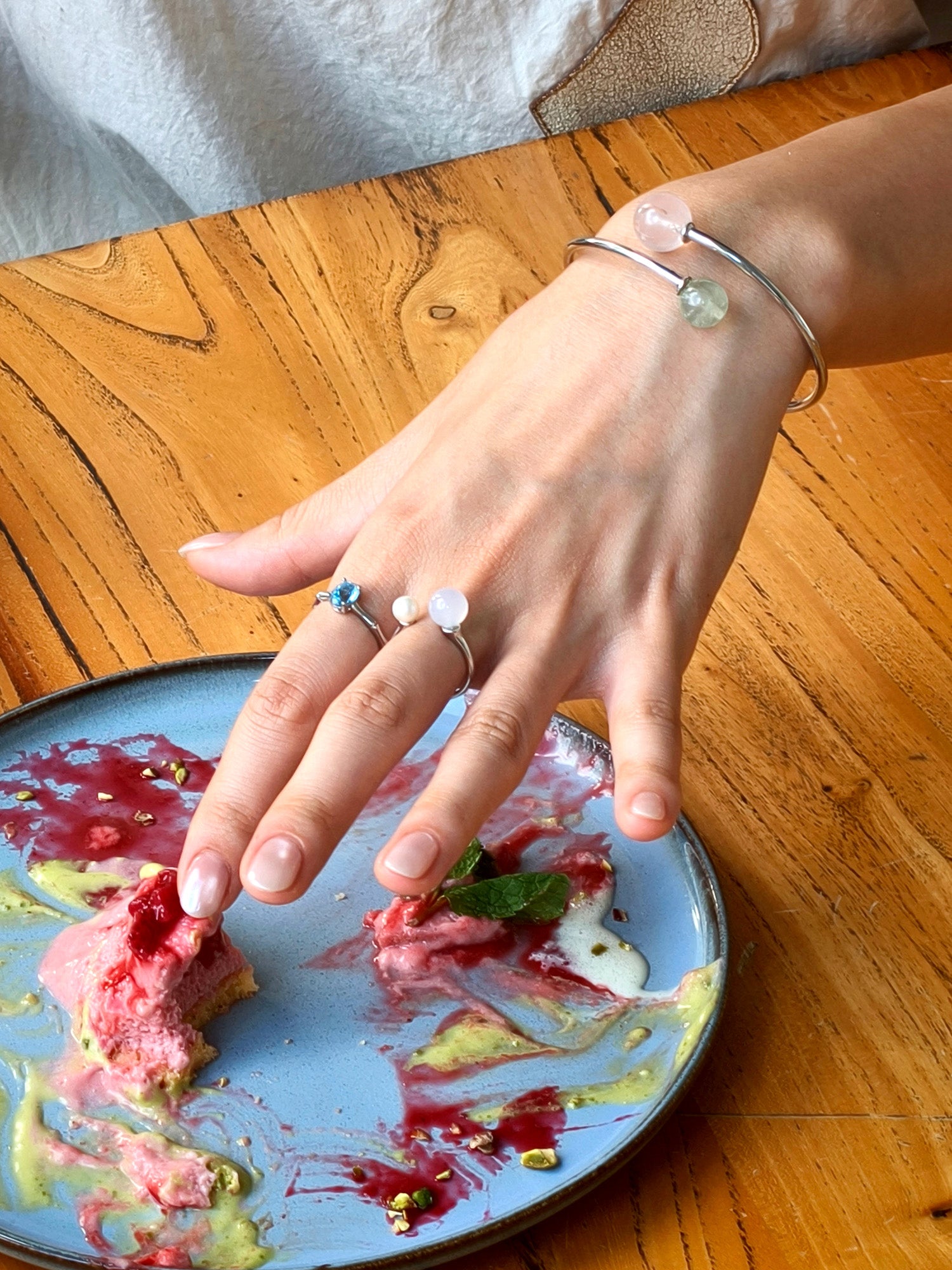 Crystal bracelet for renewal – Double Star Collection rose quartz and prehnite pairing.