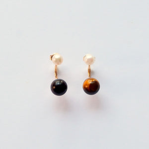 Pearl and Tiger’s Eye sterling silver earrings – handmade UK earrings for confidence and strength.