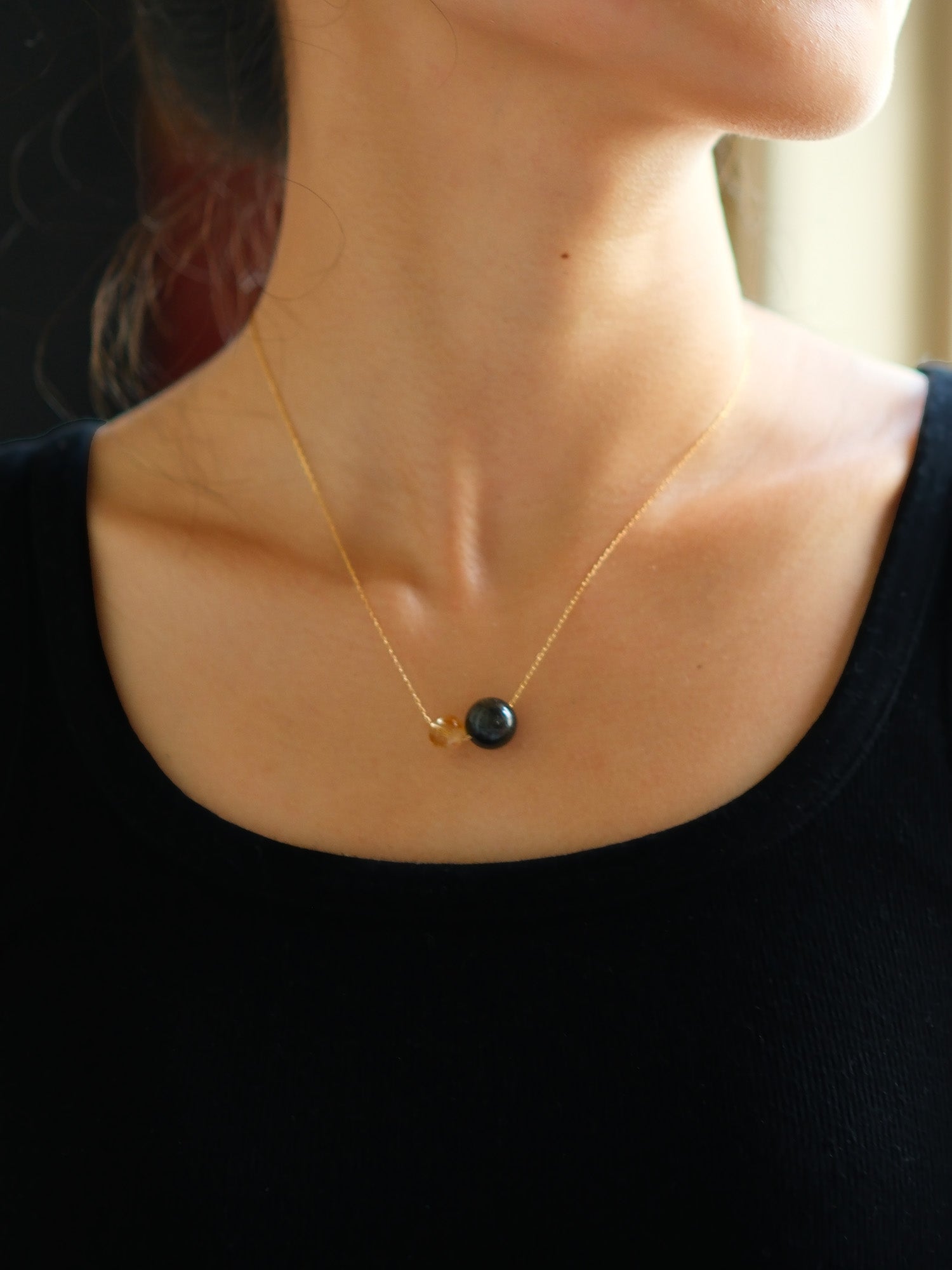Sterling silver necklace with golden obsidian and citrine beads – grounding jewellery for stability and abundance.
