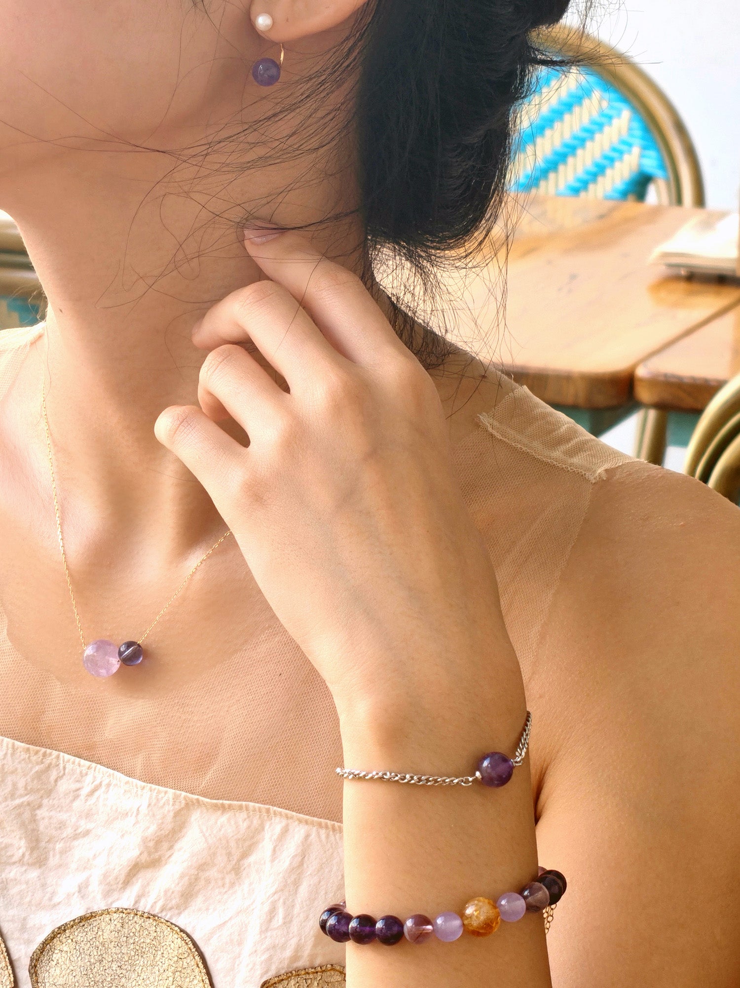 UK handmade crystal necklace with two shades of purple – perfect for mindfulness, yoga, and everyday wear.