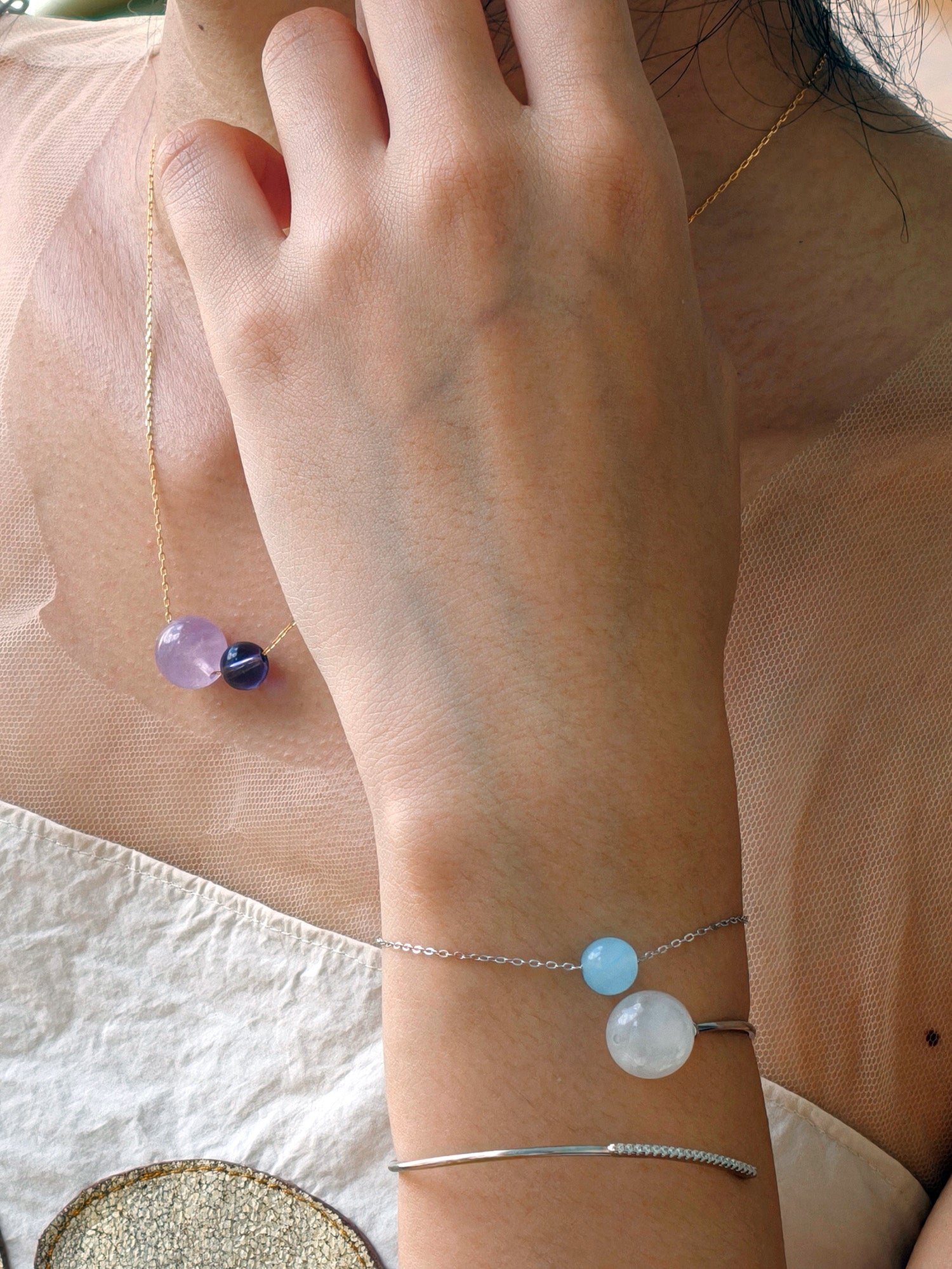 Double Star Collection amethyst necklace – a unique gift for relaxation, balance, and London wellbeing seekers. moonstone comet bracelet, aquamarine bracelet silver