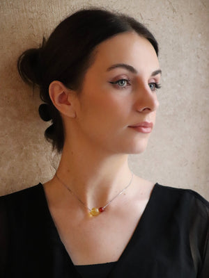 Sterling silver necklace with yellow fluorite and red agate beads – perfect for career milestones and goal setting.