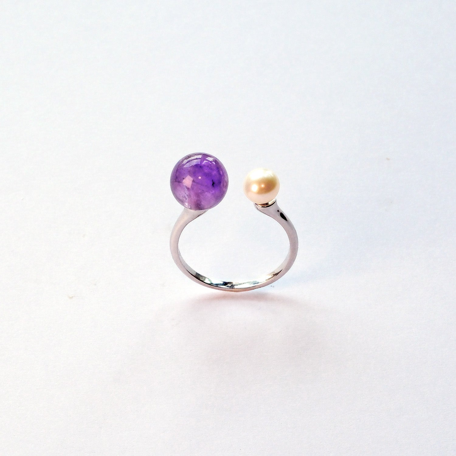Pearl and Amethyst sterling silver ring – UK handmade jewellery for intuition and clarity.