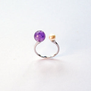 Pearl and Amethyst sterling silver ring – UK handmade jewellery for intuition and clarity.