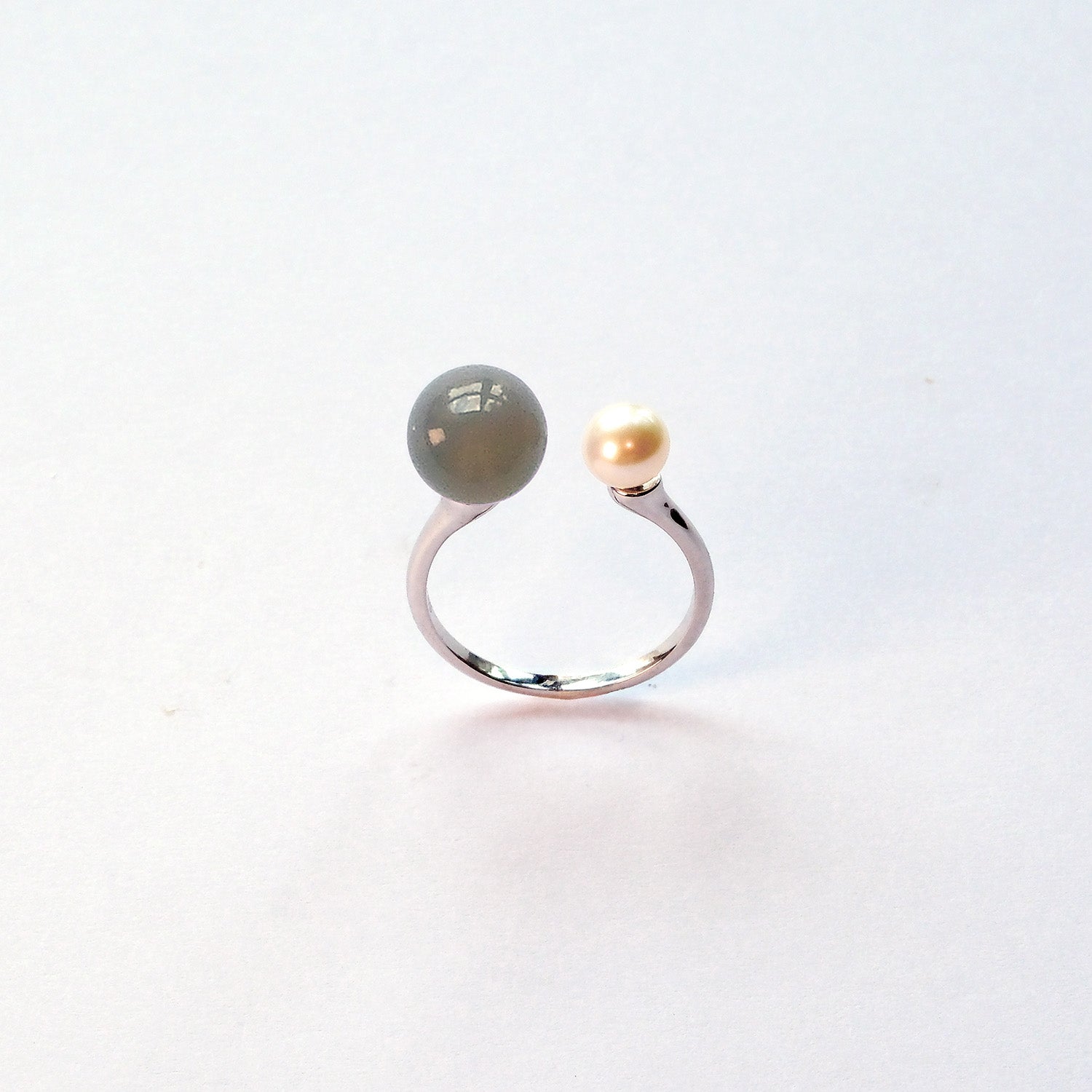 Pearl and Grey Agate sterling silver ring – grounding handmade jewellery from the UK.