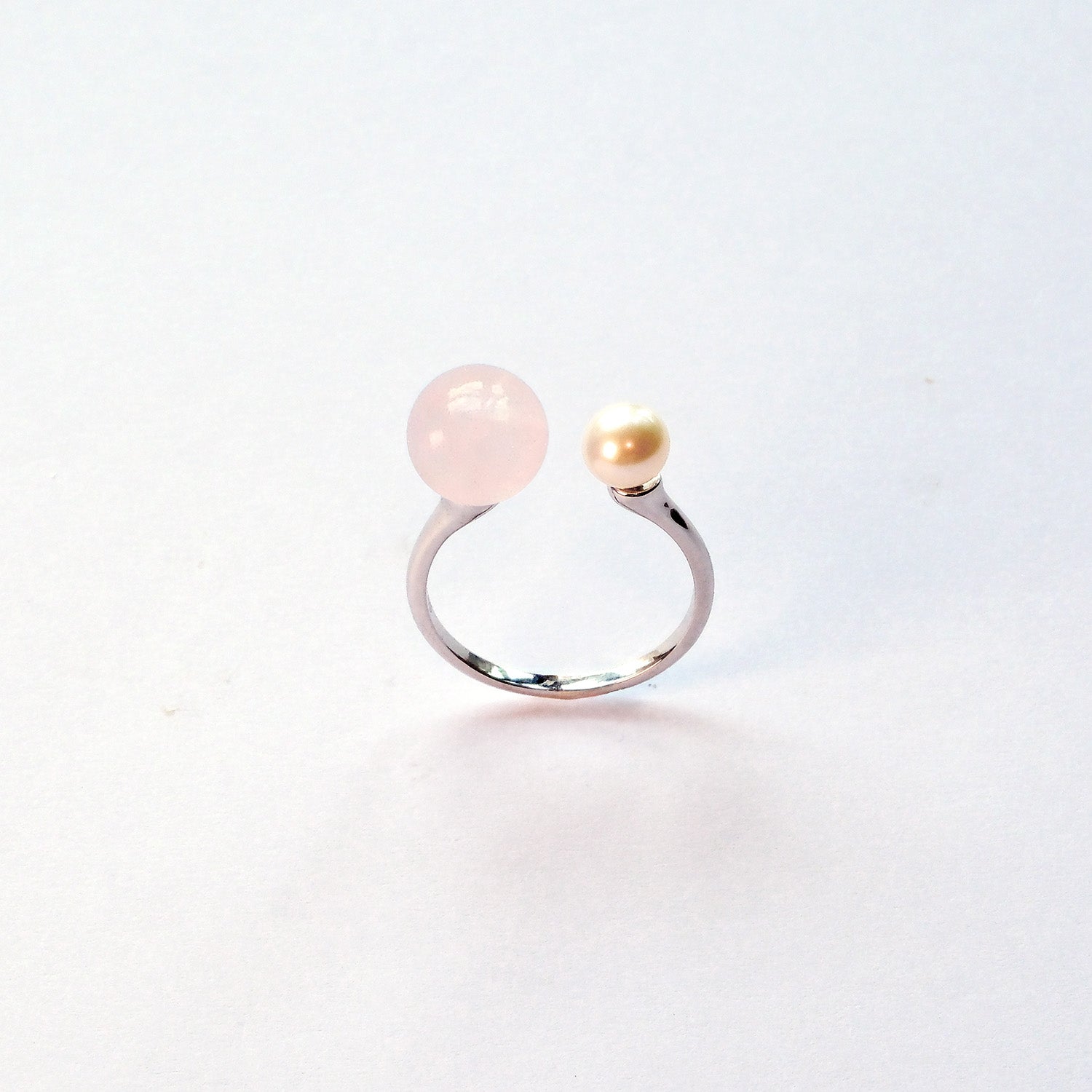 Pearl and Rose Quartz sterling silver ring – handmade UK crystal ring for love and harmony.
