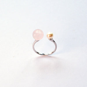 Pearl and Rose Quartz sterling silver ring – handmade UK crystal ring for love and harmony.