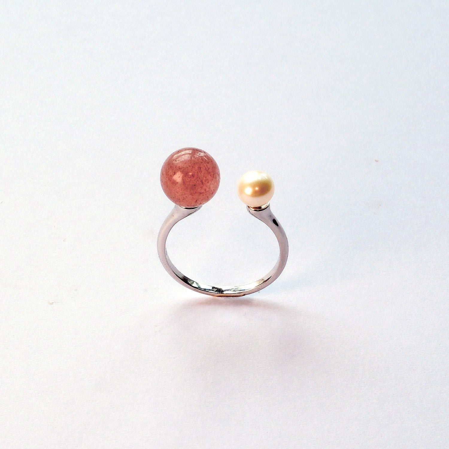 Pearl and Strawberry Quartz sterling silver ring – UK jewellery for romance and joy.