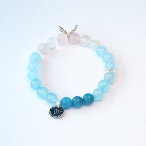 Close-up of blue crystal bracelet for communication, intuition, and spiritual growth