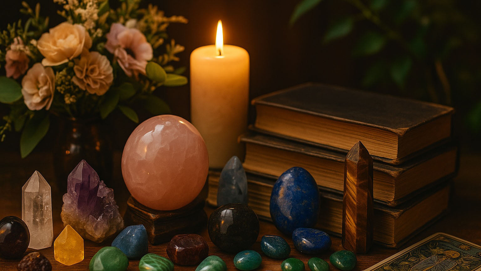 Star Heart magical Crystal Library scene bathed in warm light, where glowing crystals rest among flowers, plants, tarot cards and books, evoking mystery and wonder