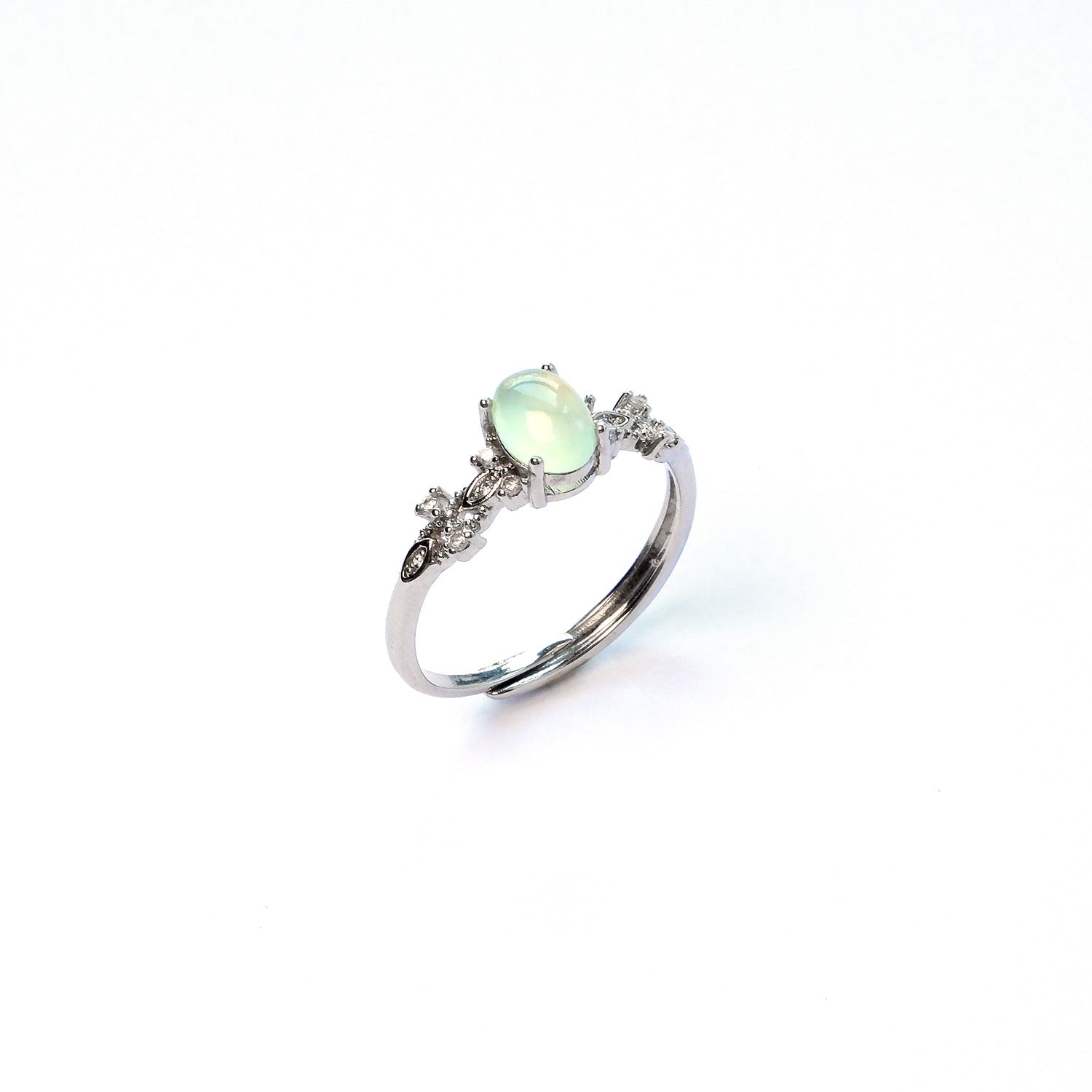 Prehnite everyday gem ring with gentle green crystal, stone of healing and protection