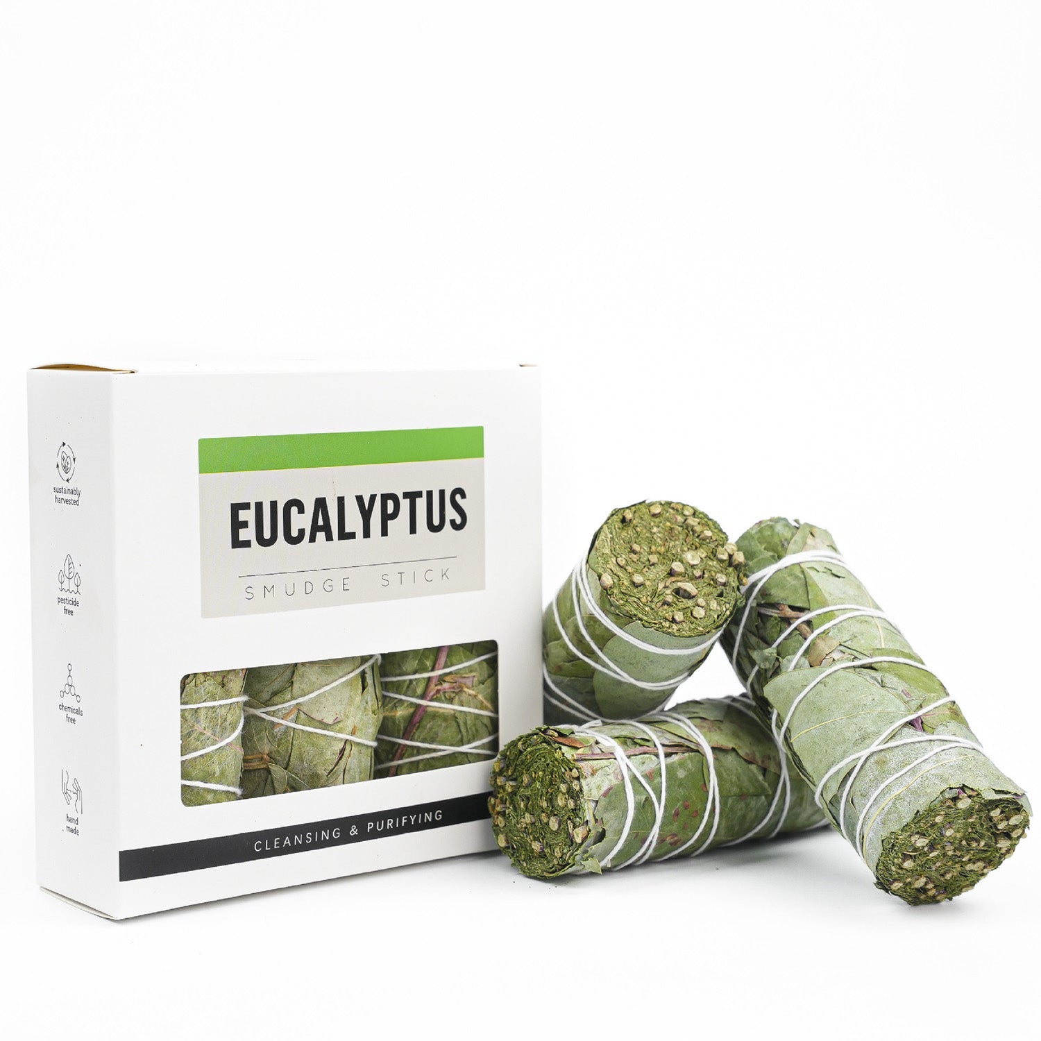 Eucalyptus smudge sticks with packaging on a white background