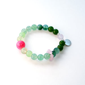 Close-up of green strawberry quartz bracelet for fresh ideas and renewed energy