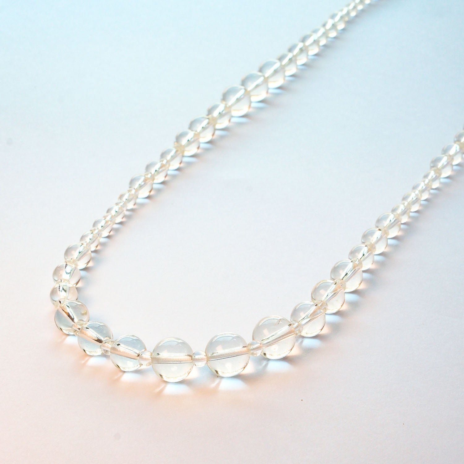 Long clear quartz rope necklace – graduated beads crystal jewellery with sterling silver clasp UK