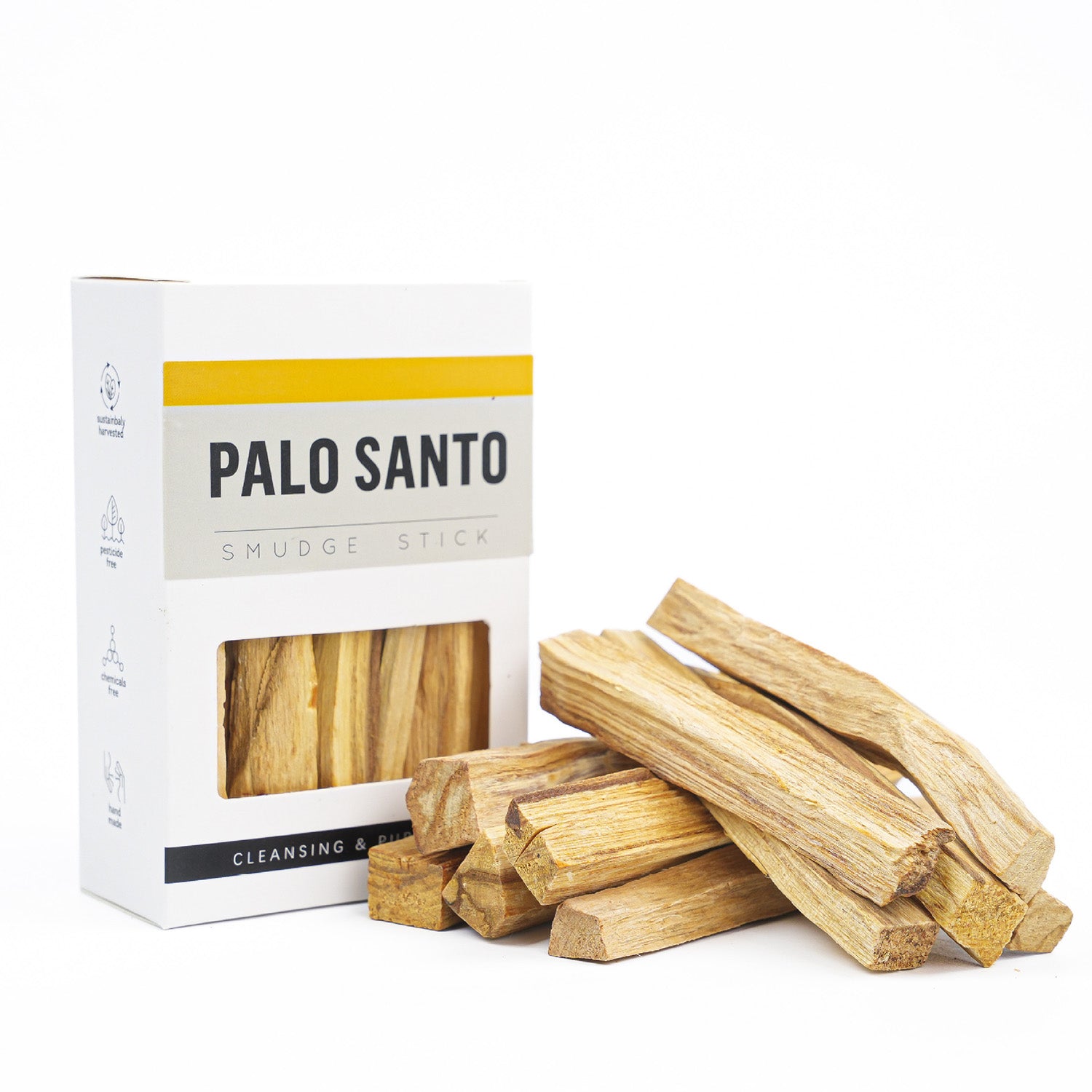 Palo Santo smudge sticks with packaging on a white background
