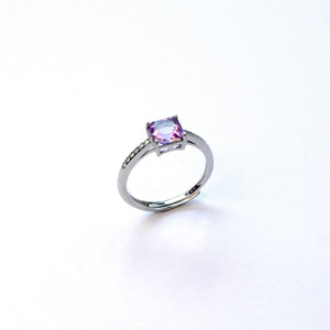 Square lavender amethyst silver ring symbolising intuition and stability in meditation
