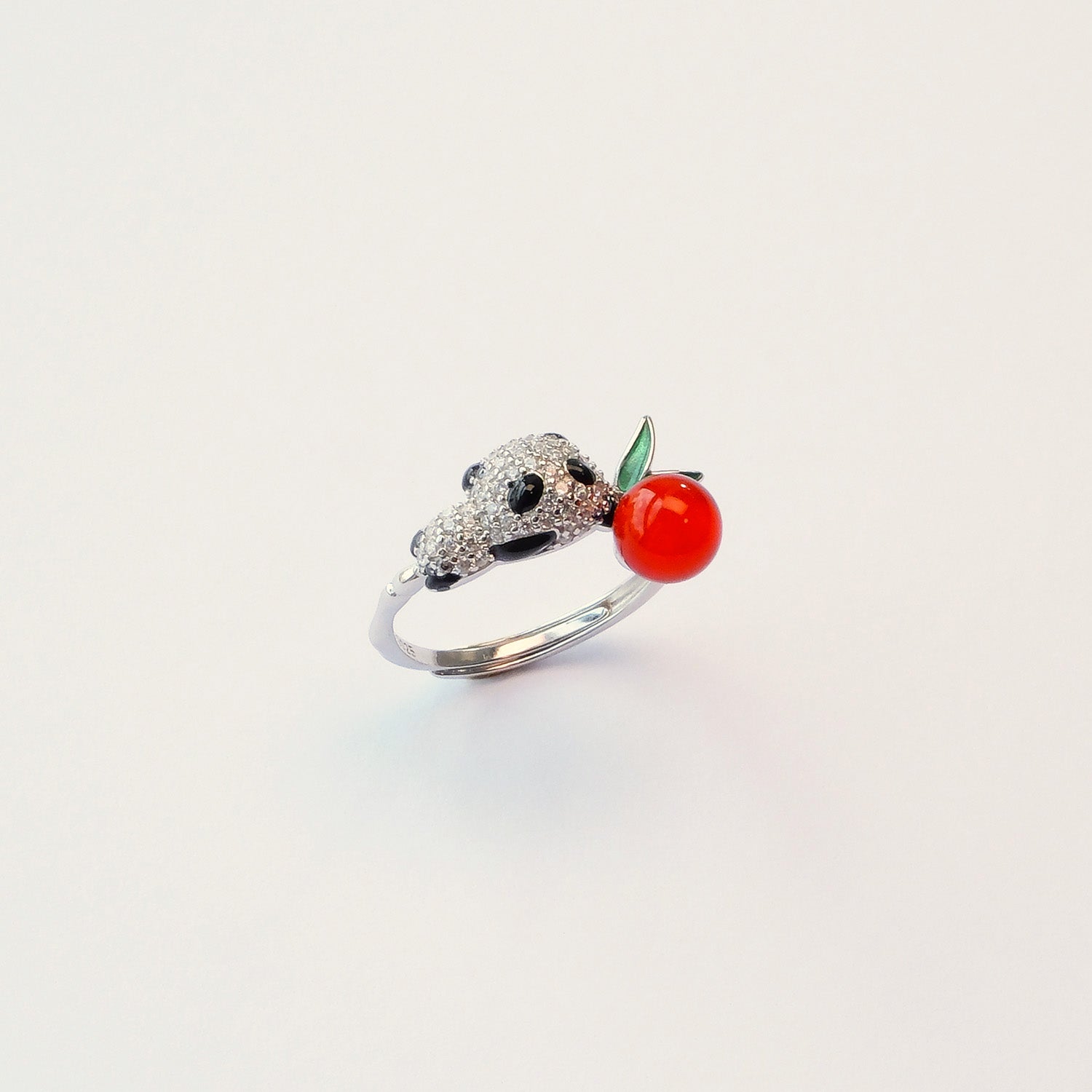 Cherry Panda Ring – Red Agate panda gemstone ring, playful fruit crystal jewellery