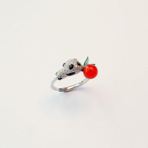 Cherry Panda Ring – Red Agate panda gemstone ring, playful fruit crystal jewellery