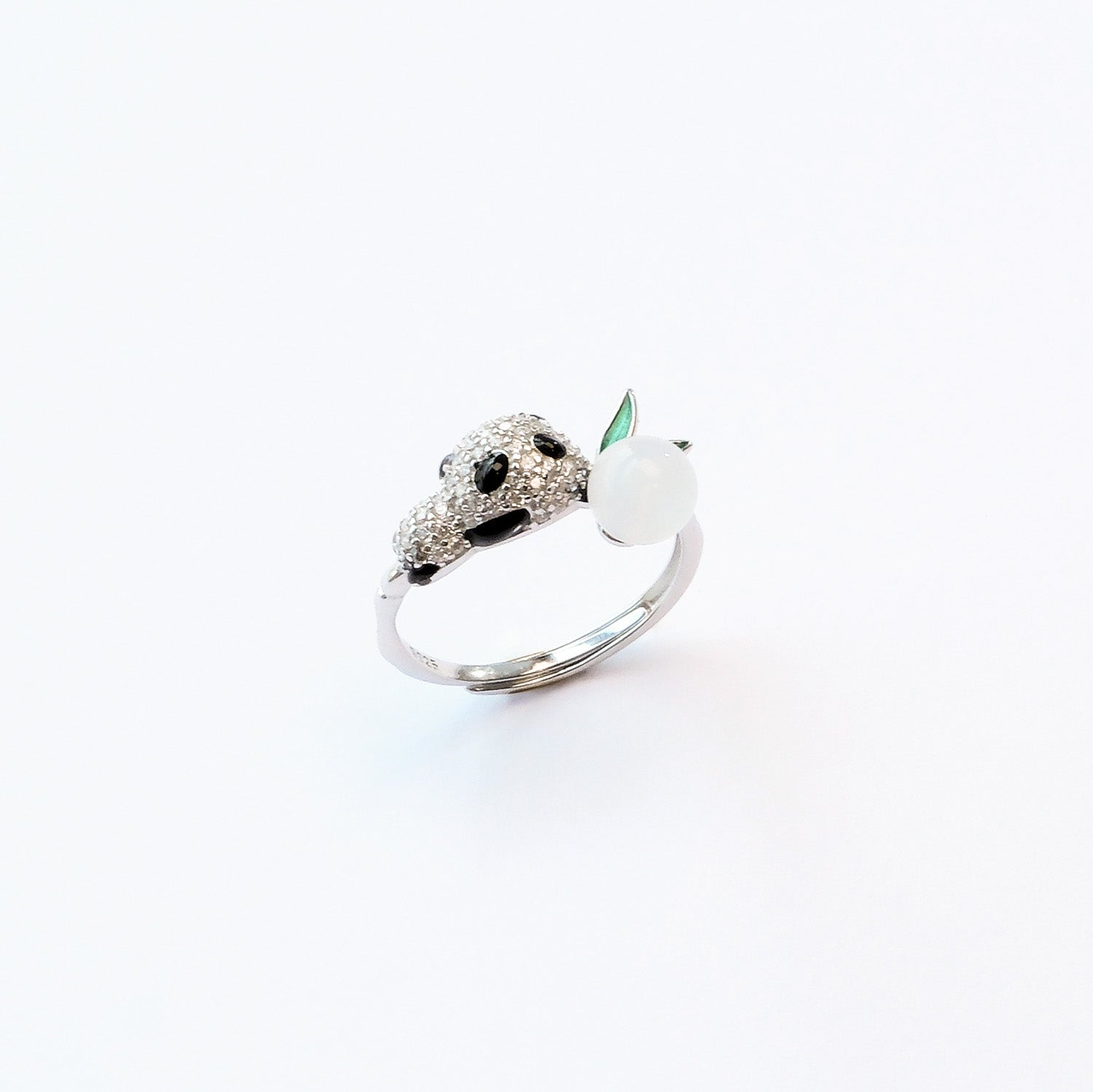 Coconut Panda Ring – White Agate panda silver jewellery ring, natural crystal talisman