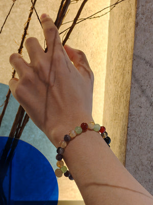 Man wearing natural crystal bracelet for grounding and protection