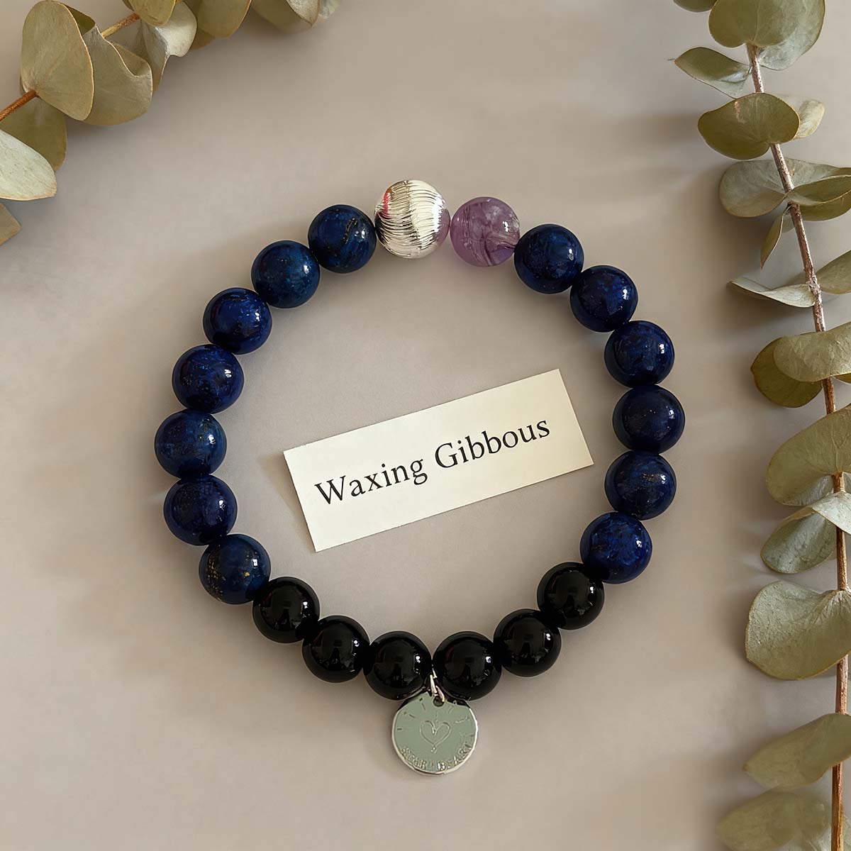 Amethyst and Lapis Lazuli Waxing Gibbous bracelet for wisdom and balance

