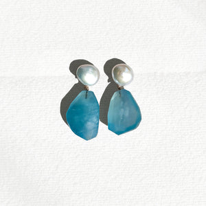 Aquamarine and pearl drop earrings handmade jewellery UK – Ocean Whisper close-up
